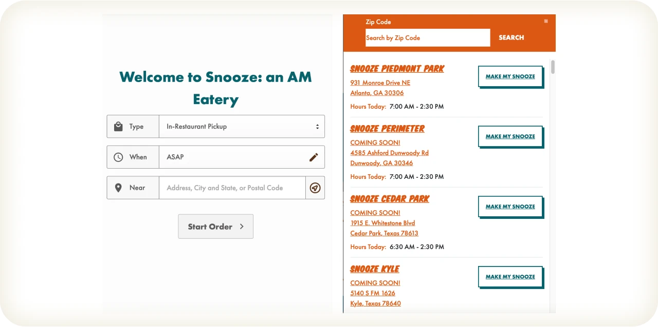 food product website design snooze eatery