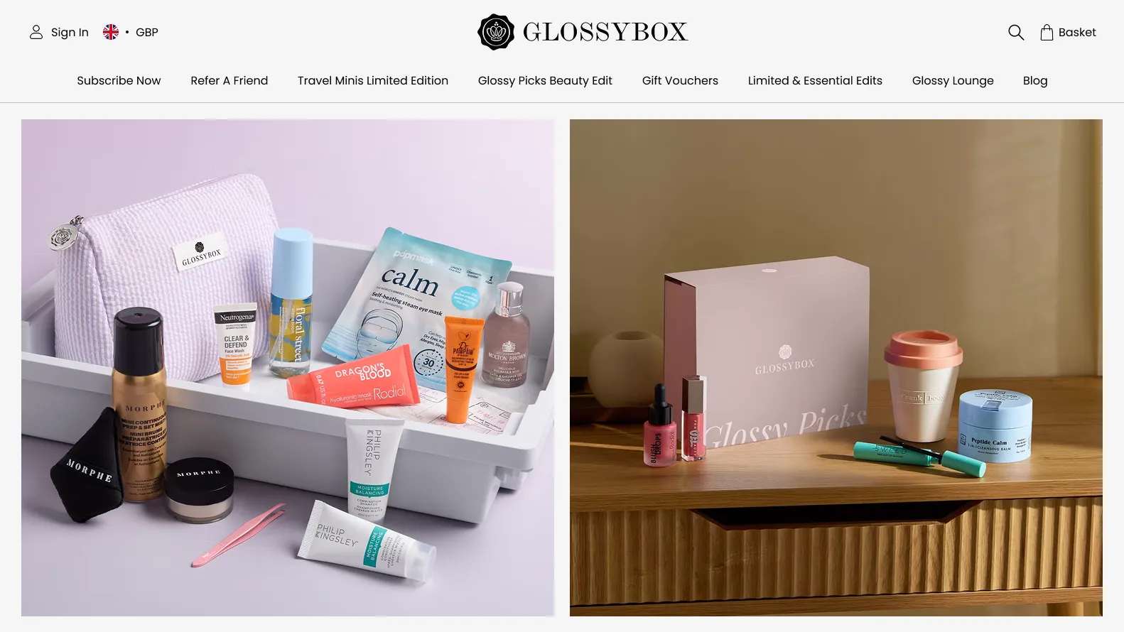 GLOSSYBOX signature pink subscription box open to reveal five curated beauty products inside