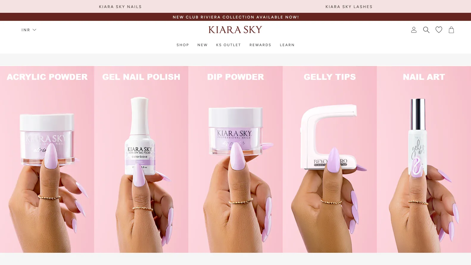 Kiara Sky homepage showing skill-level selector routing professional nail techs and DIY beginners to separate product discovery paths