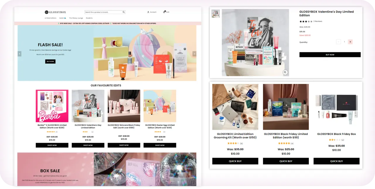 Beauty Website Design That Retains Subscribers 4 GLOSSYBOX subscription management dashboard showing active plan, billing date, and GLOSSYCredits balance