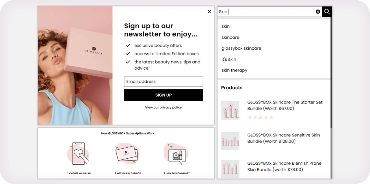 GLOSSYBOX mobile app on iPhone displaying current monthly box contents and product descriptions