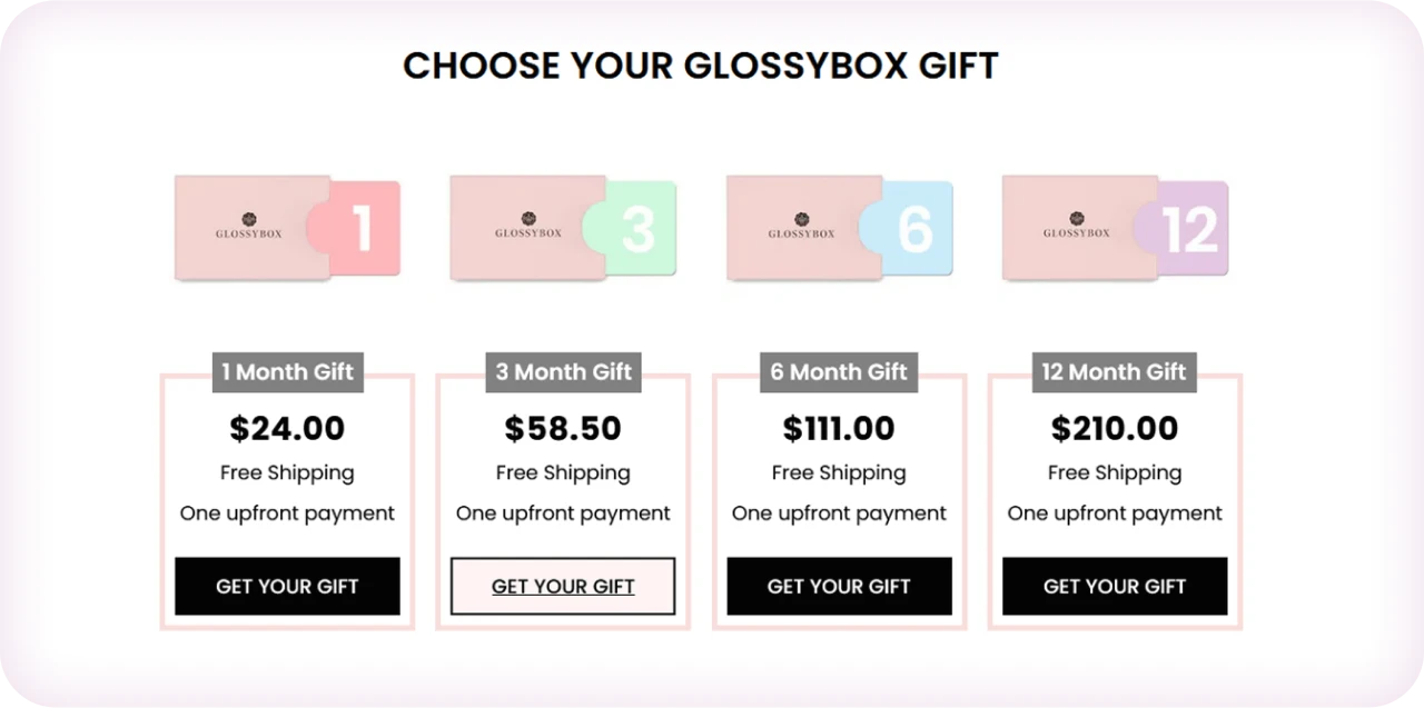 Beauty profile setup screen on GLOSSYBOX website showing skin type and shade preference attribute fields