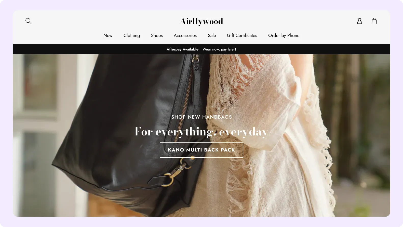 Airllywood boho fashion eCommerce website homepage with boutique clothing and accessories