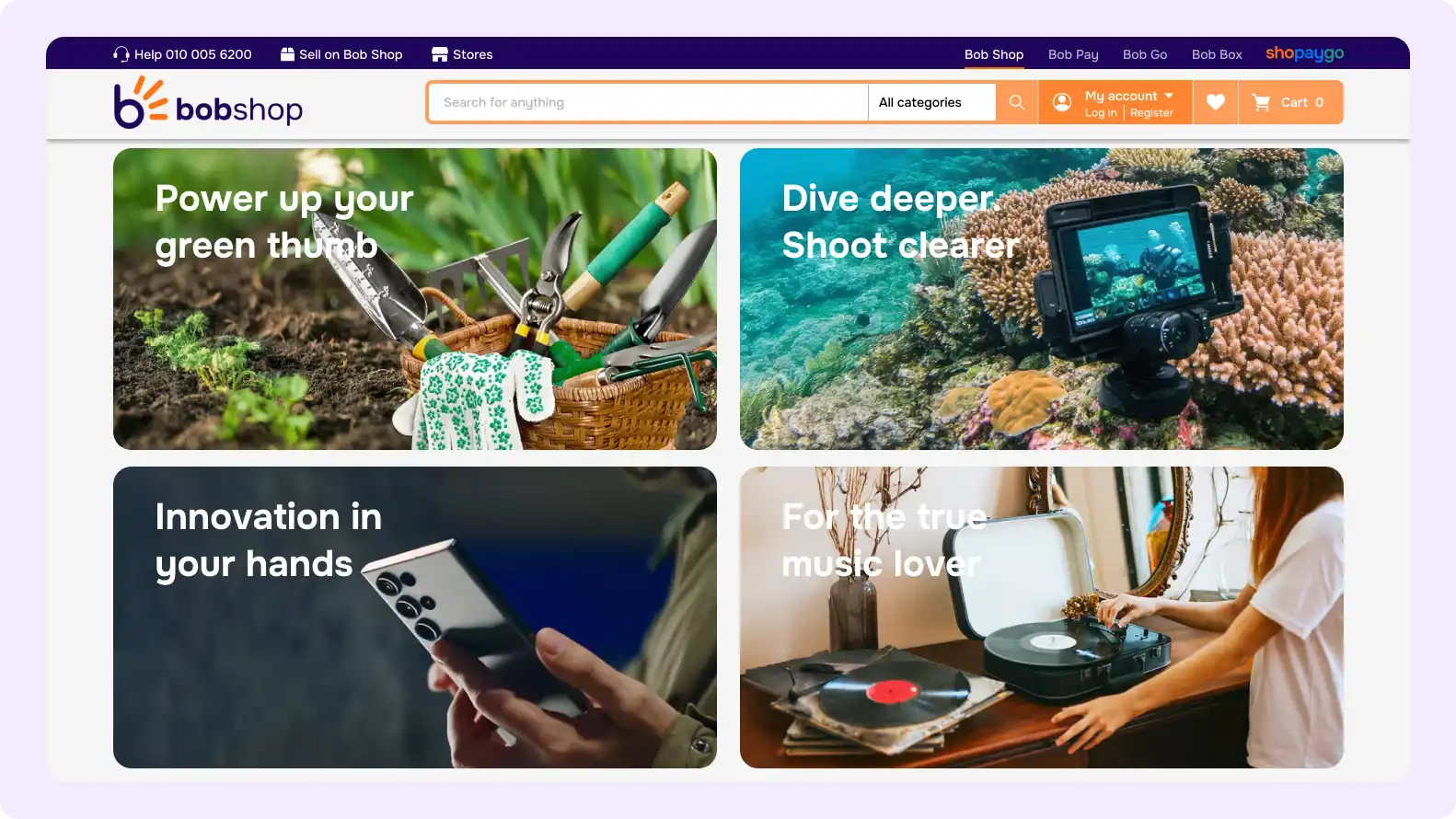 Bob Shop e-commerce marketplace homepage design with auction and product listing interface