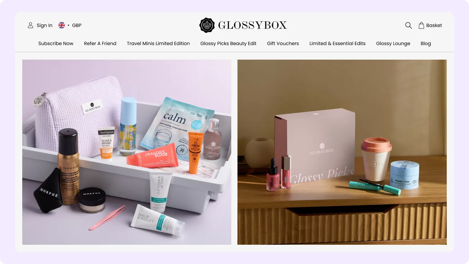 GLOSSYBOX signature pink subscription box open to reveal five curated beauty products inside