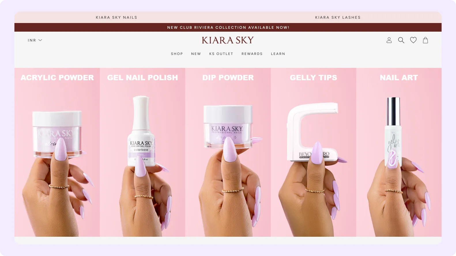Kiara Sky homepage showing skill-level selector routing professional nail techs and DIY beginners to separate product discovery paths