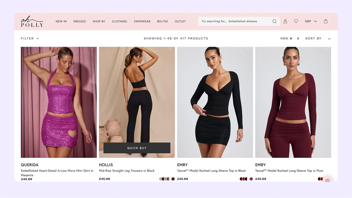 Minimal UI design for fashion product listing page with filters and categories