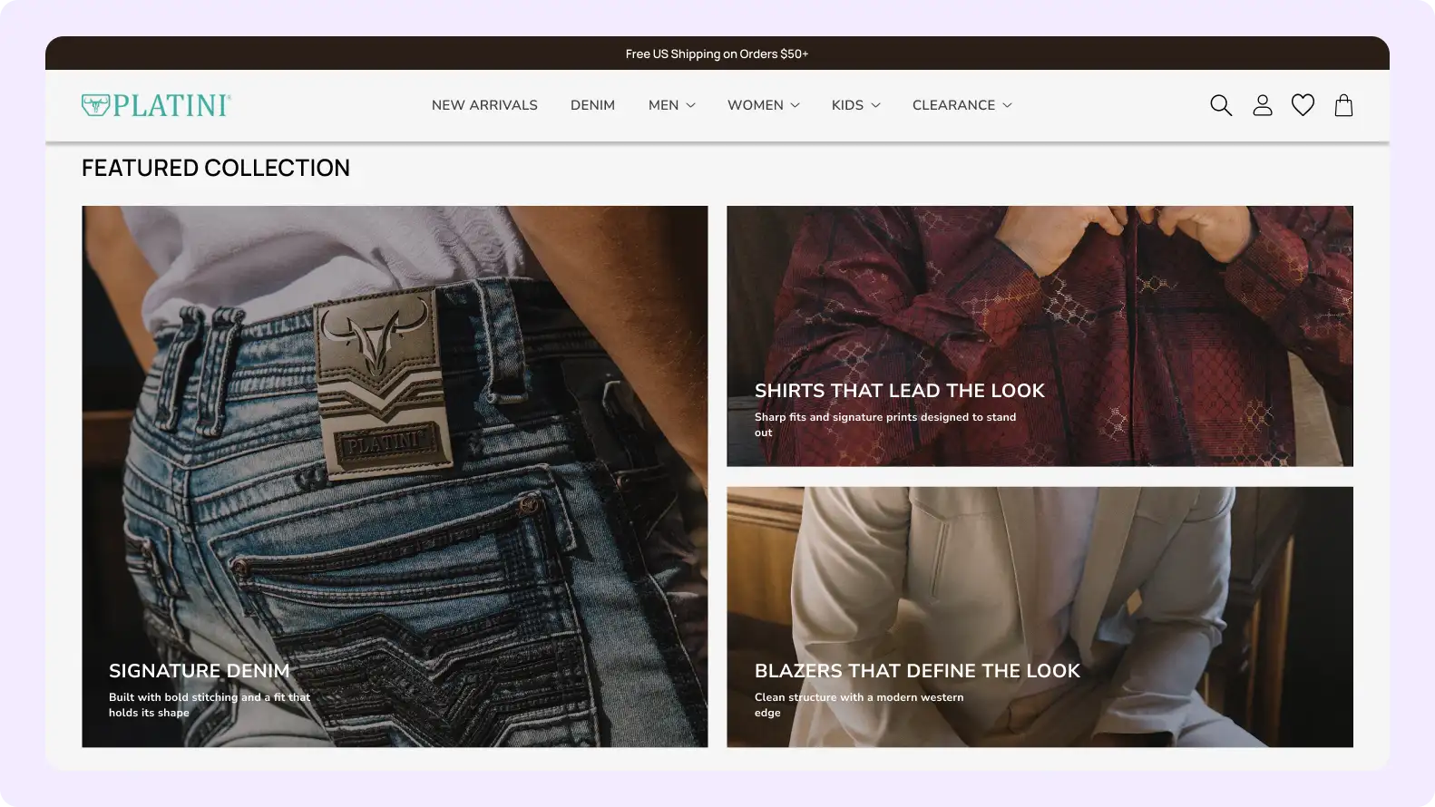 Platini Jeans fashion eCommerce website homepage design for premium clothing brand