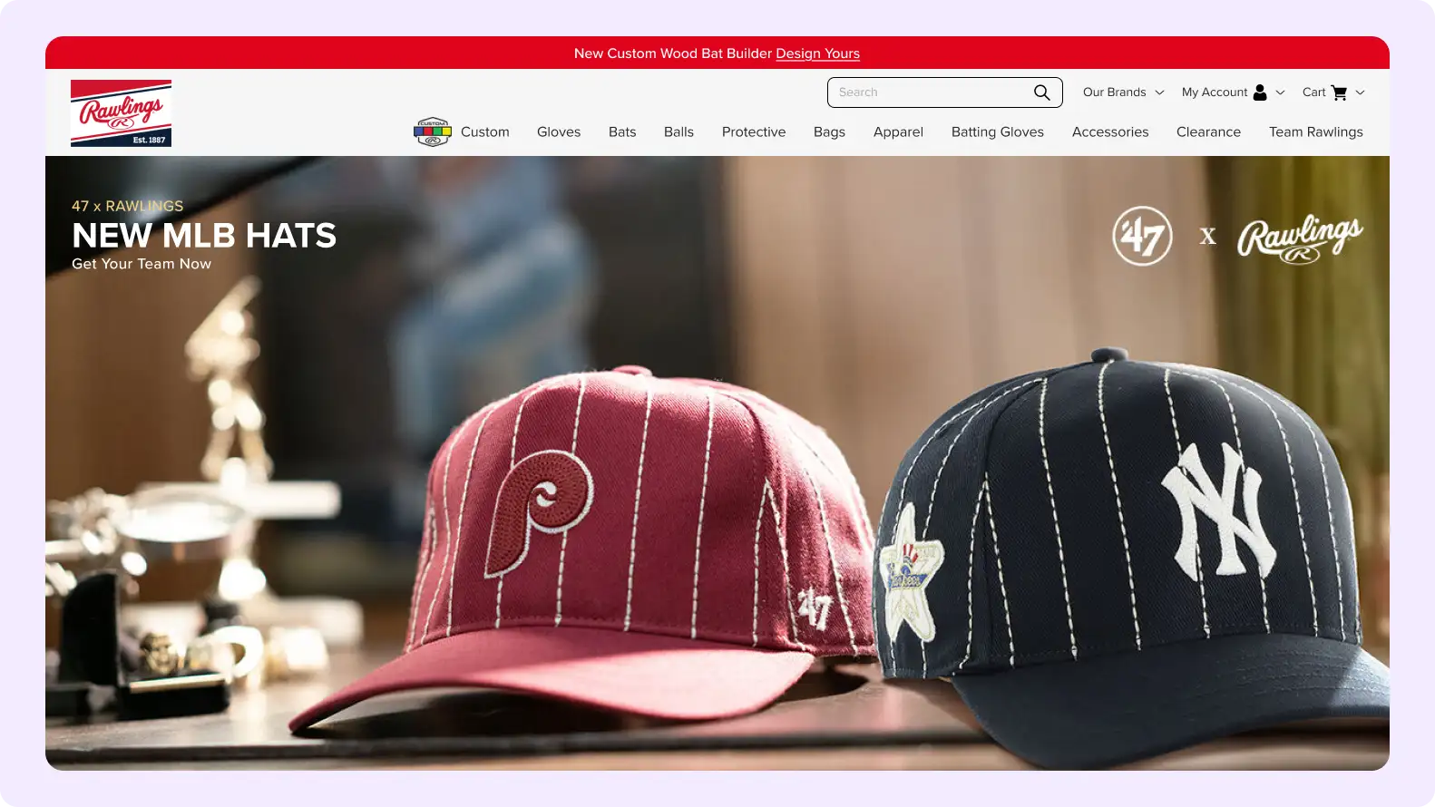 Rawlings B2B eCommerce website homepage design for sporting goods and headless commerce platform