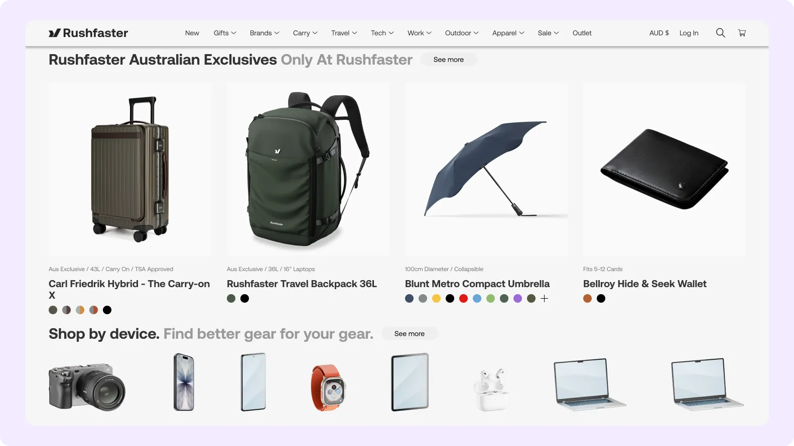 Rushfaster eCommerce website homepage design for premium bags and accessories store