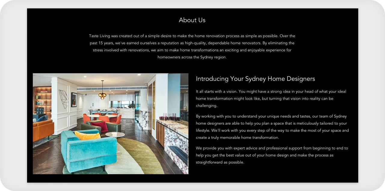 Home renovation company about page design showcasing services team and expertise
