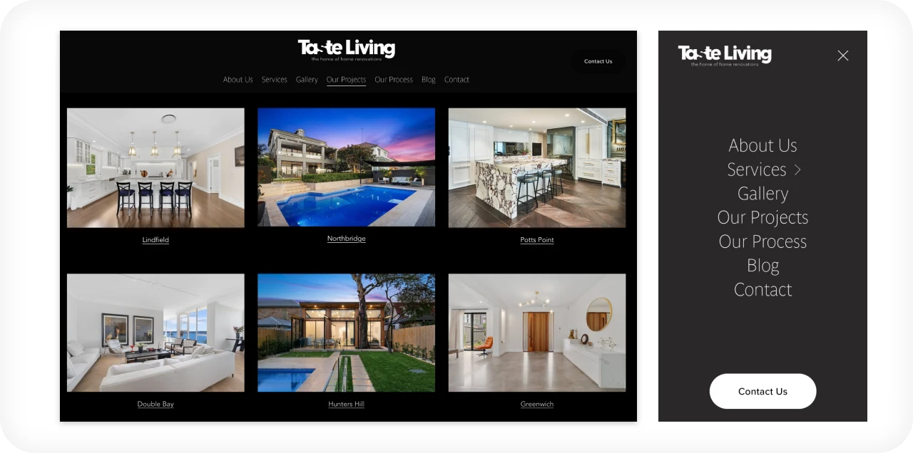 Home renovation projects showcase page with completed kitchen bathroom and interior designs