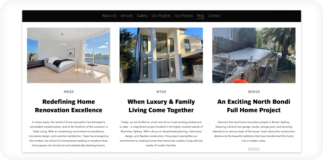 Home renovation blog section with interior design ideas kitchen remodeling and renovation tips