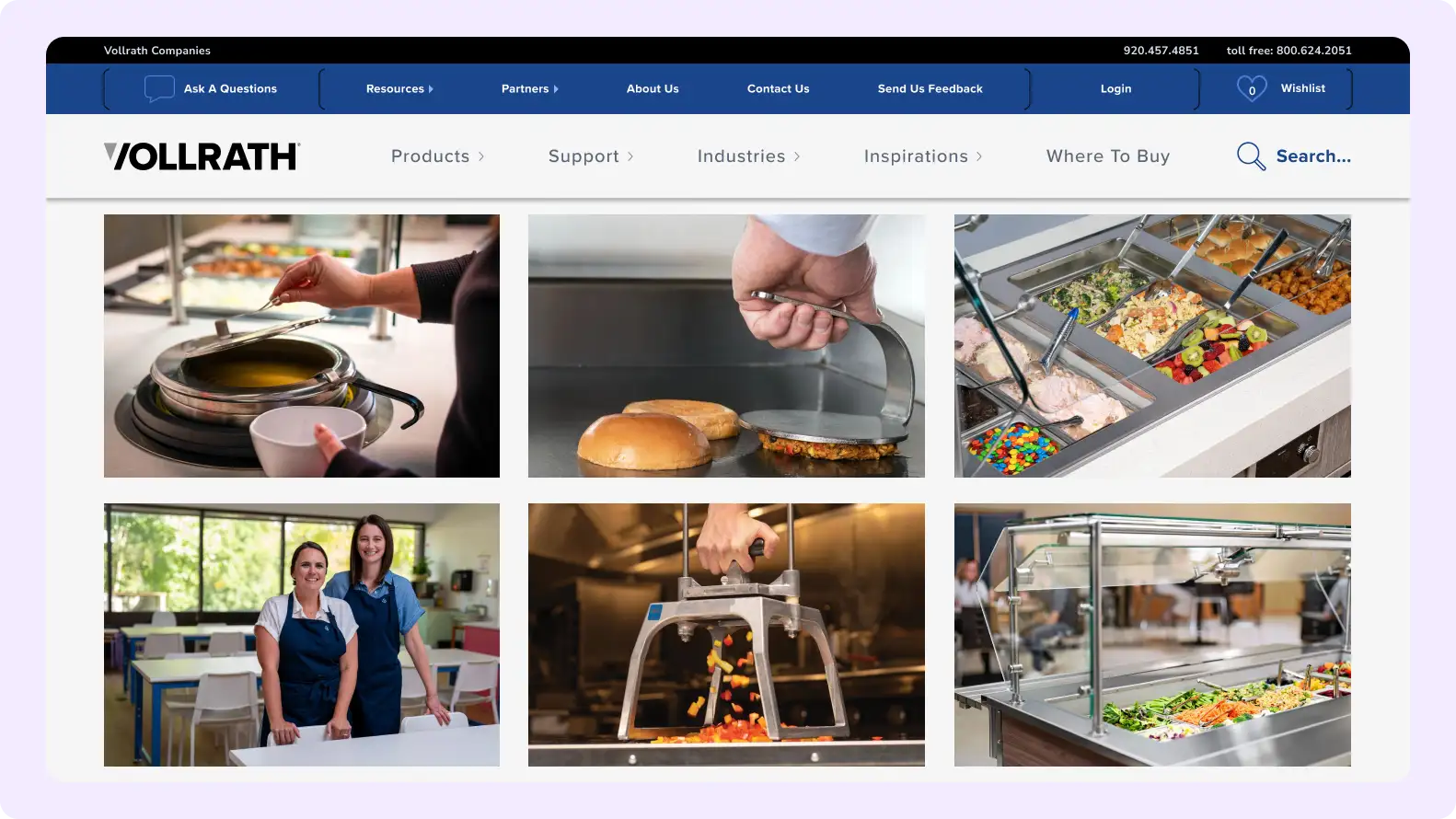 Vollrath kitchen equipment eCommerce website homepage design for B2B and B2C customers