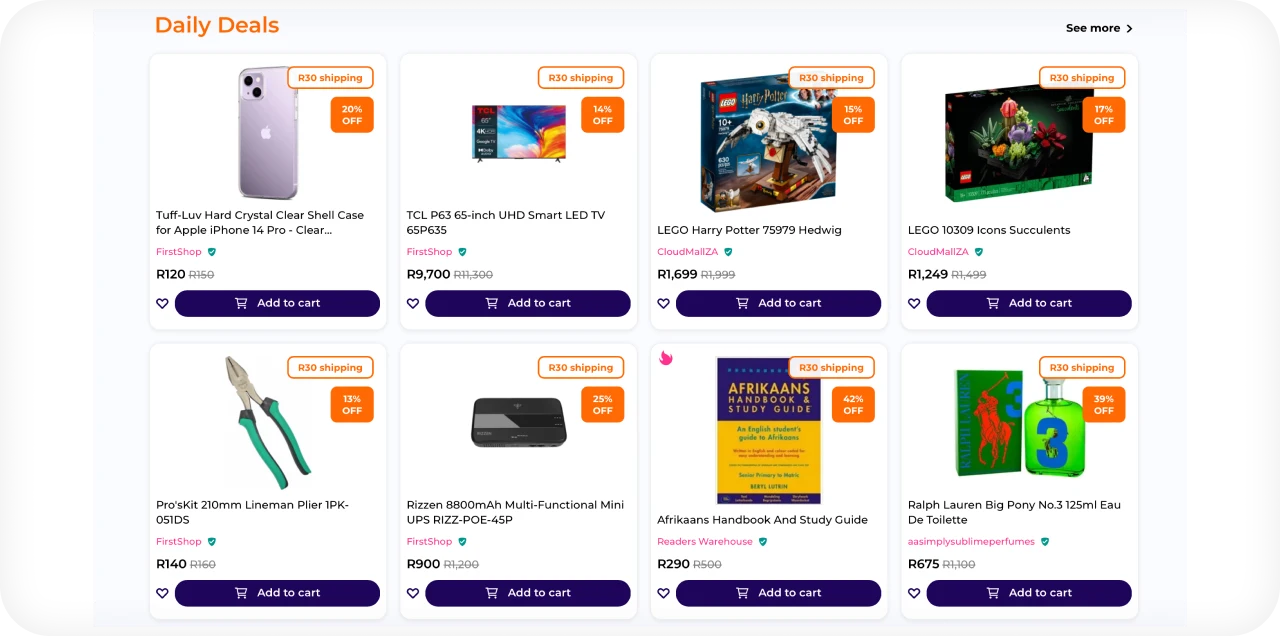 Bob Shop daily deals section with discounted products and promotional offers