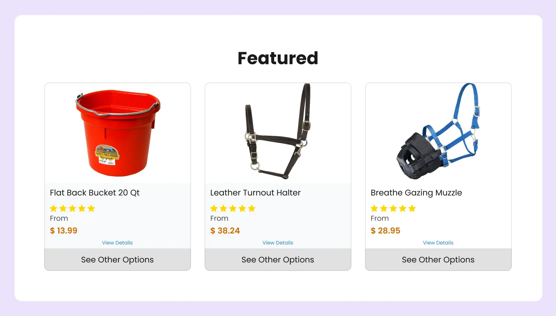 Featured horse products section showcasing equestrian equipment and accessories