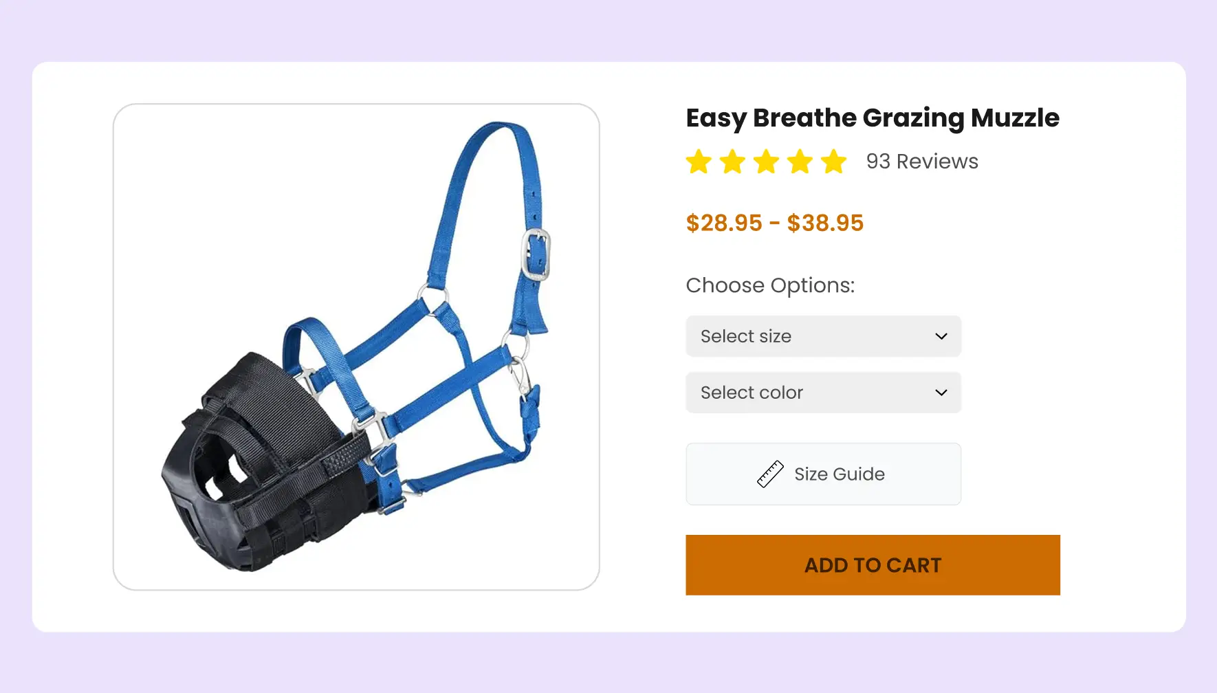 Equestrian product page design with detailed horse equipment listings and specifications