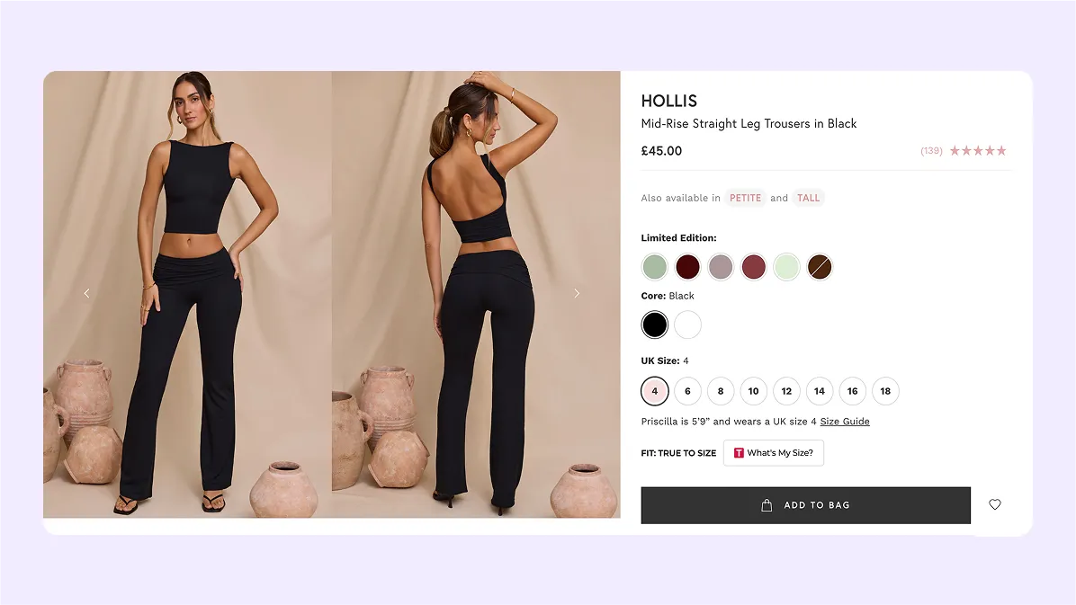 Fashion product page interface with size selection and detailed product view