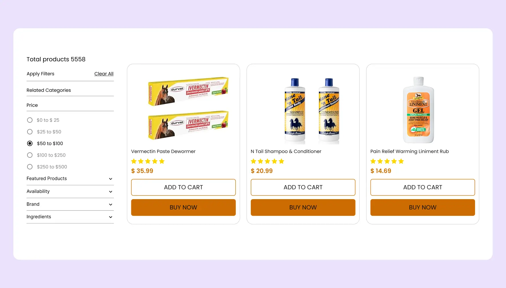 Horse product listing page design with filters and categorized equestrian items