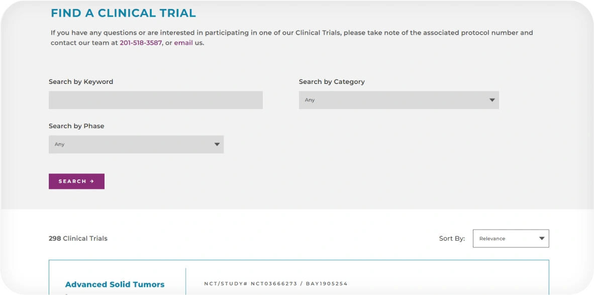 HealthCare Website Design - Medical Web Services 4 Clinical trials section in cancer care website showcasing oncology research and treatment programs