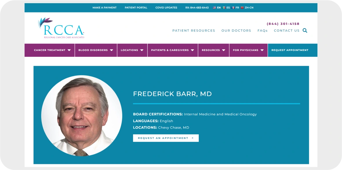 Doctor profile page in healthcare website with oncology specialist details and expertise