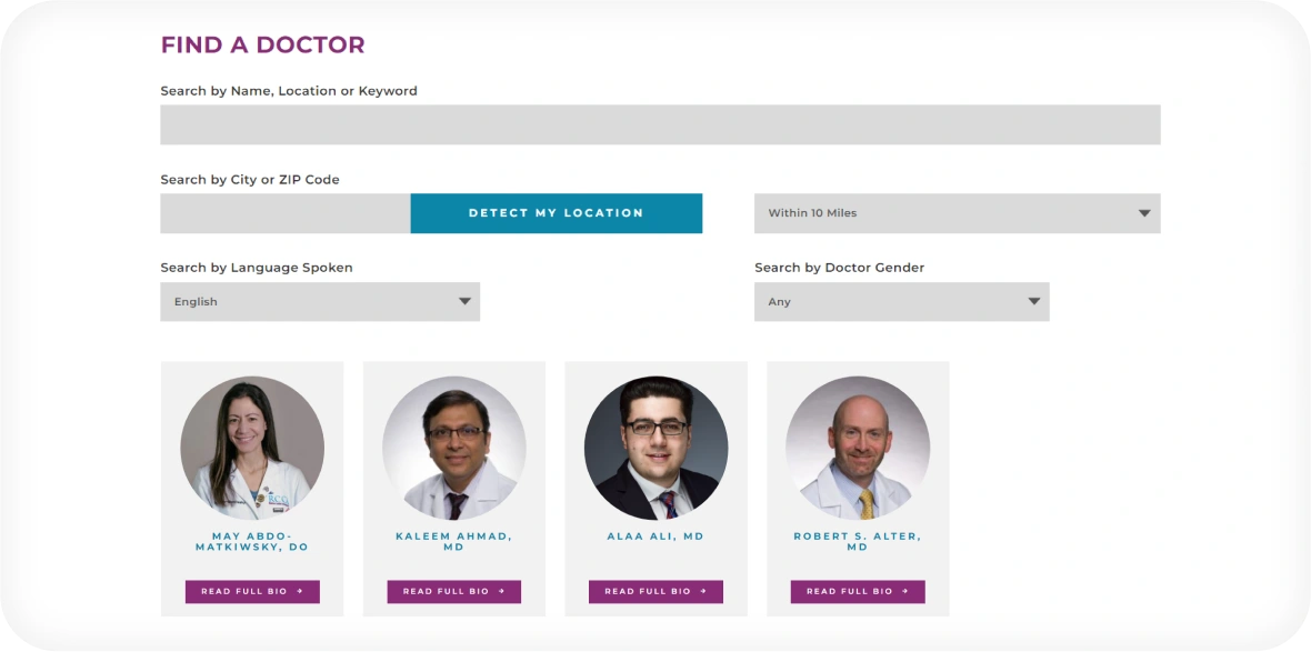 Find doctor feature in healthcare website for oncology specialists and cancer treatment experts