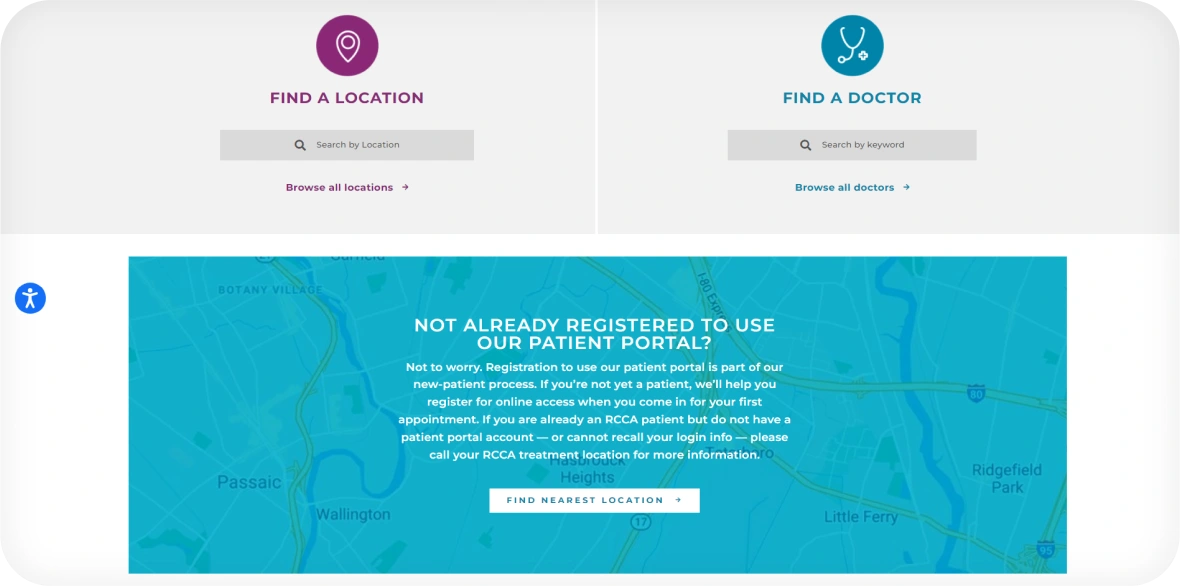 Nearest cancer care center locator with location based redirection for patients