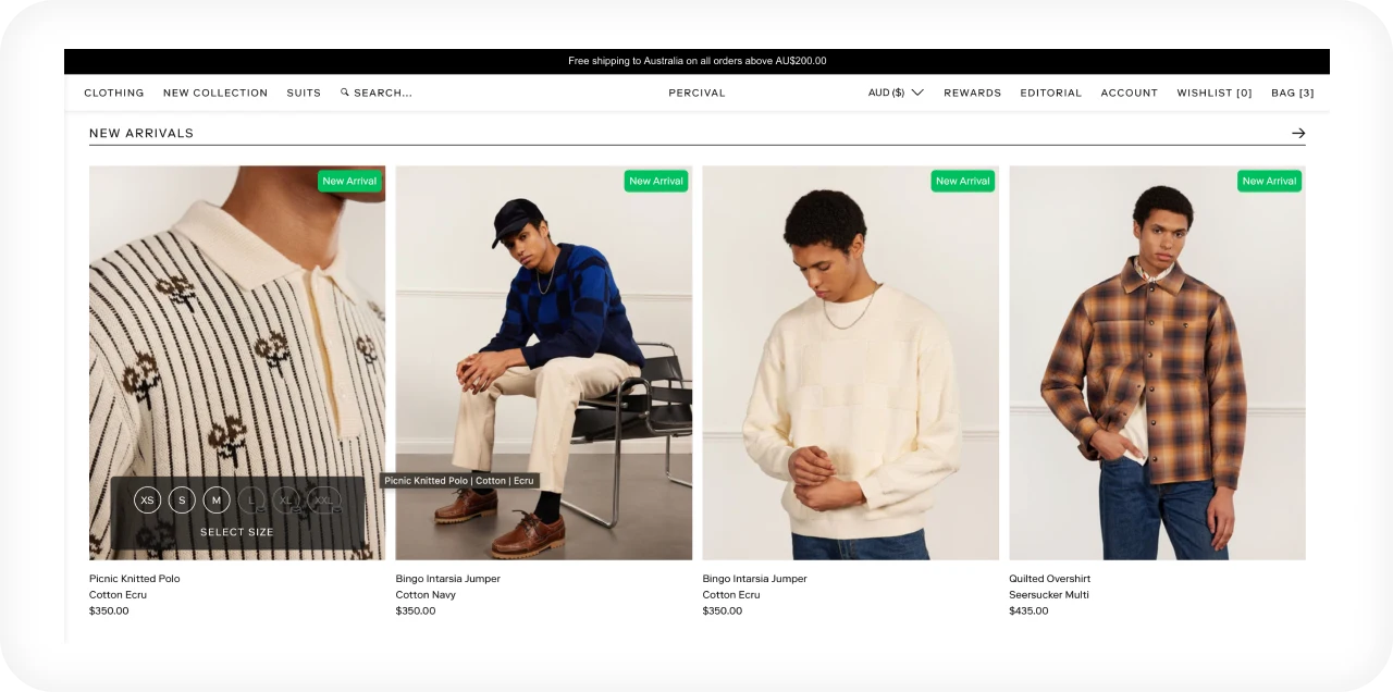Percival menswear ecommerce website layout