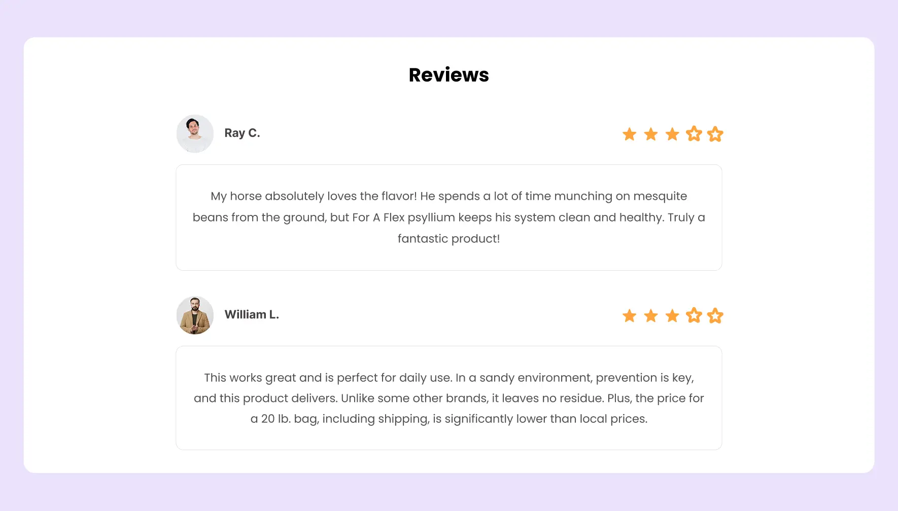 Customer reviews and ratings section for equestrian website to build trust